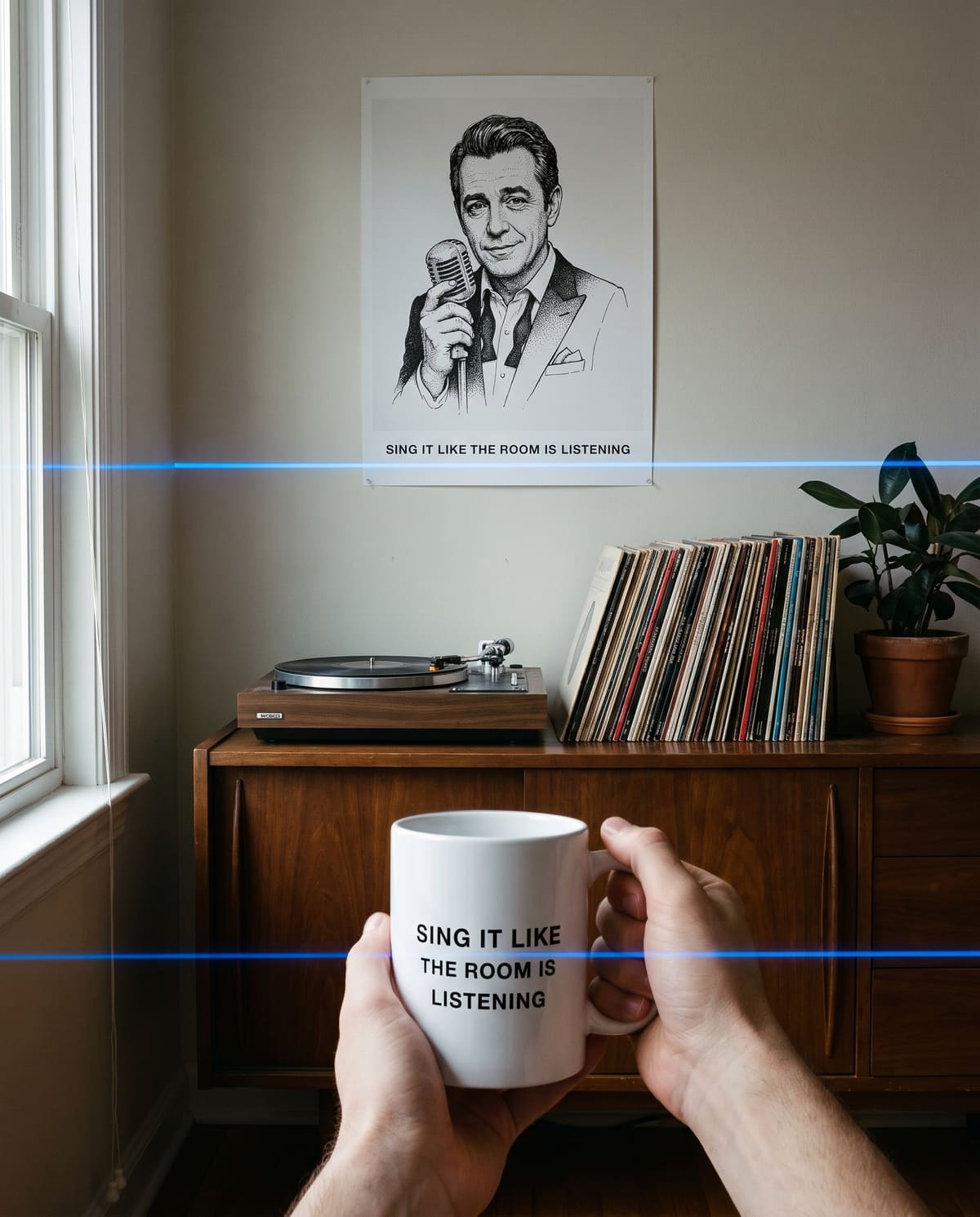 A living room with records on the wall, the Crooner poster pinned above a sideboard, and hands holding the Crooner mug