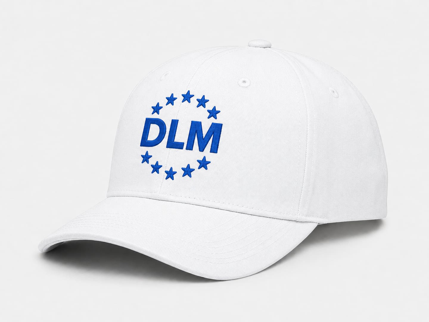 White cap with the DLM star ring embroidered in blue on the front panel