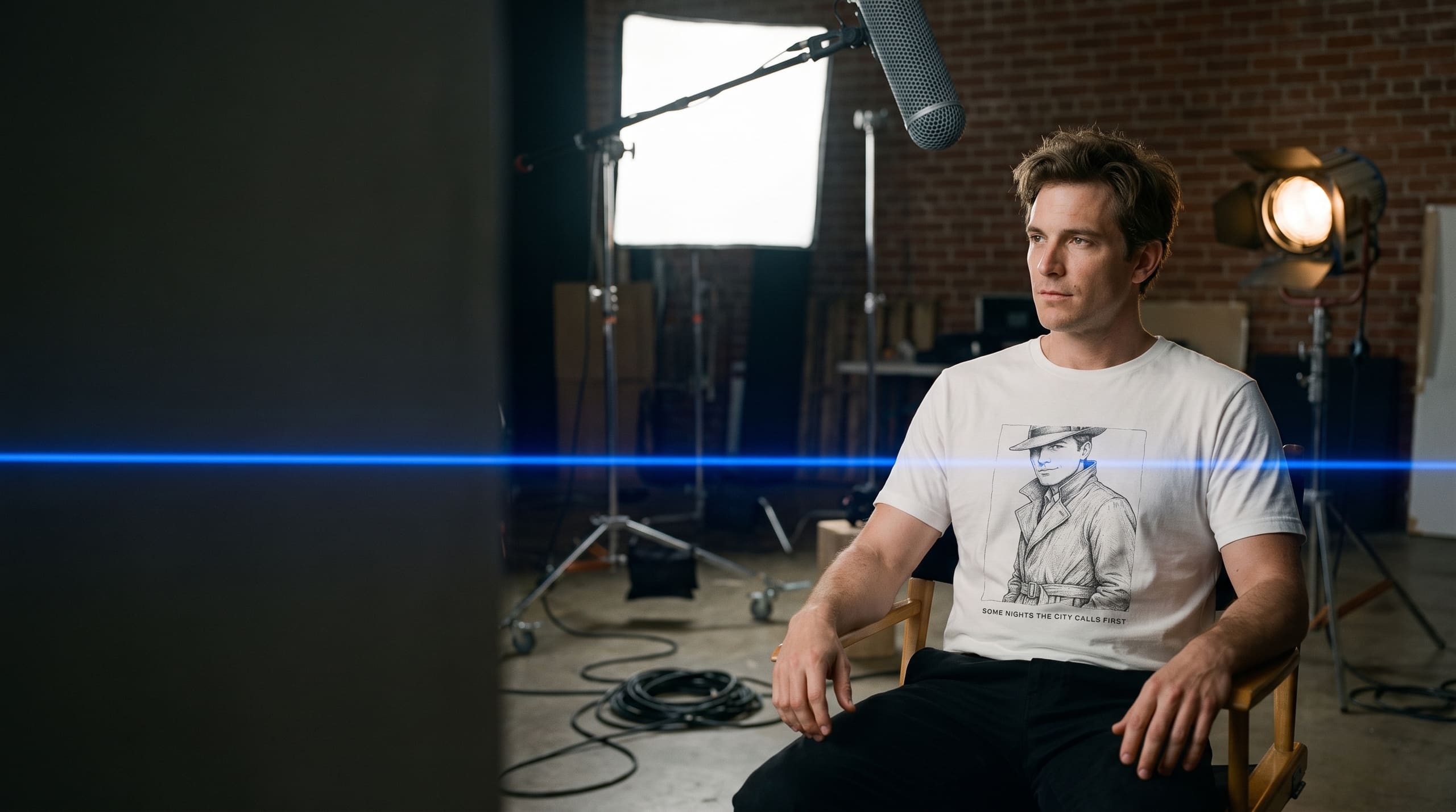 An actor between takes on a film set, sitting in a director's chair in the Leading Man tee, a cobalt line of light crossing the studio