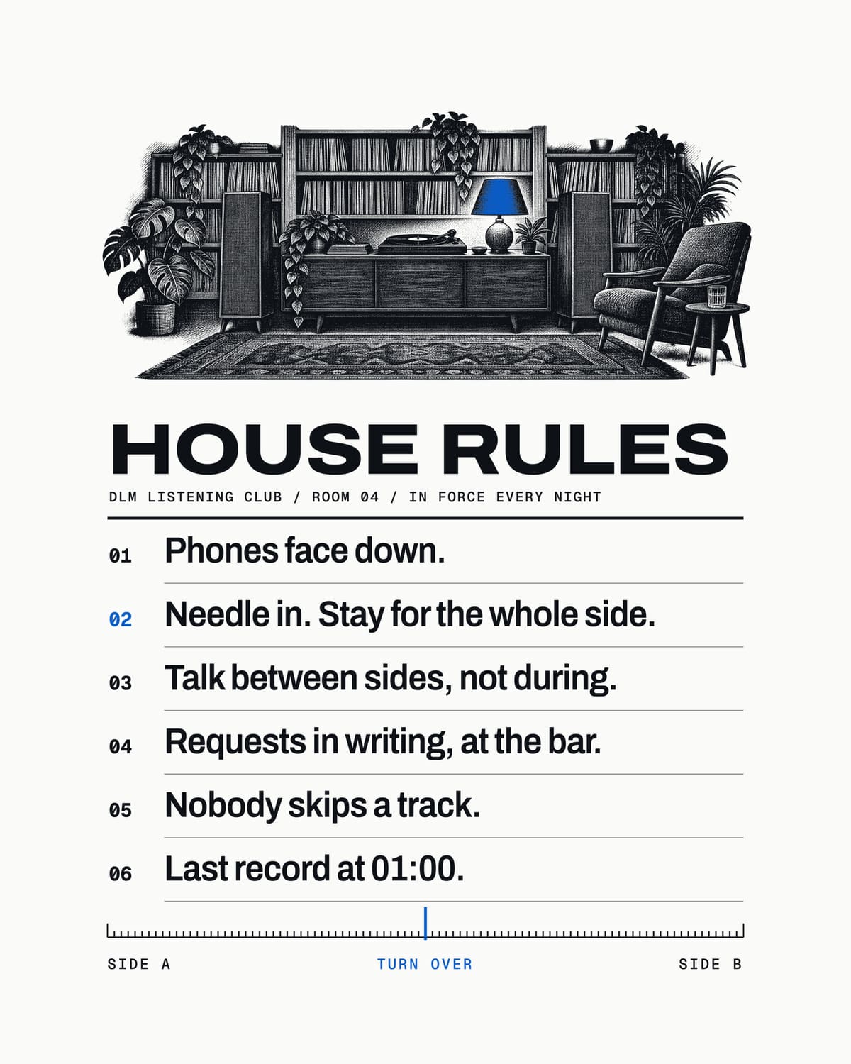 House Rules print: an engraved listening room at night above six numbered house rules