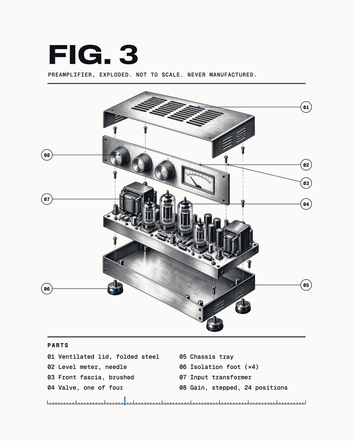 Fig. 3 print: an engraved exploded view of an invented valve preamplifier with numbered parts
